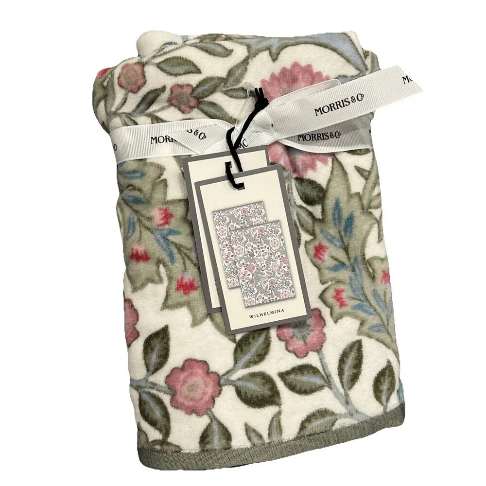 2 Morris & Co. Wilhelmina Floral Velour HAND Towels Botanical Green Pink New
